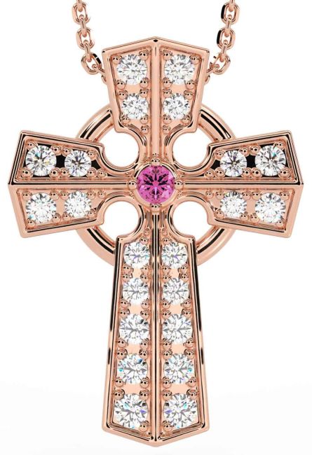 Diamond Pink Tourmaline Rose Gold Celtic Cross Necklace