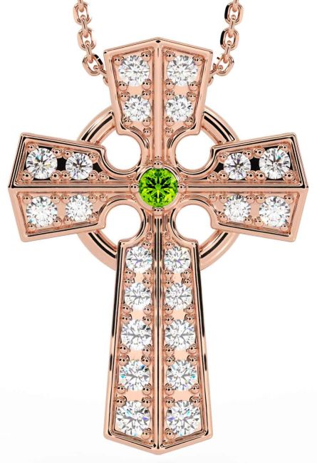 Diamond Peridot Rose Gold Celtic Cross Necklace