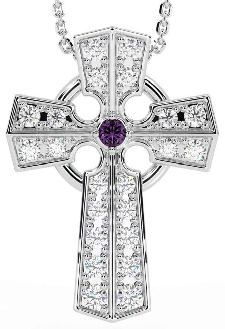 Diamond Alexandrite Silver Celtic Cross Necklace