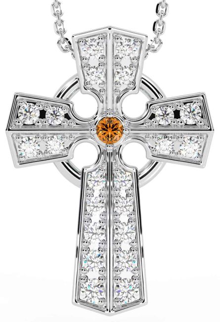 Diamond Citrine Silver Celtic Cross Necklace