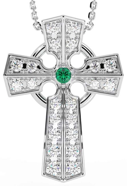 Diamond Emerald Silver Celtic Cross Necklace