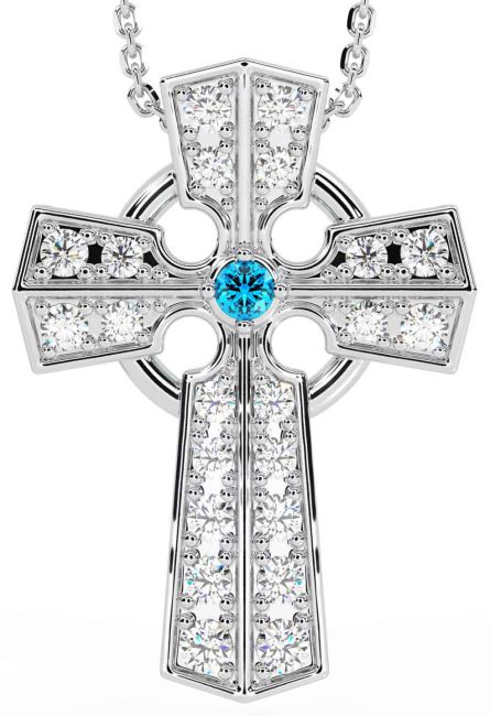 Diamond Topaz Silver Celtic Cross Necklace