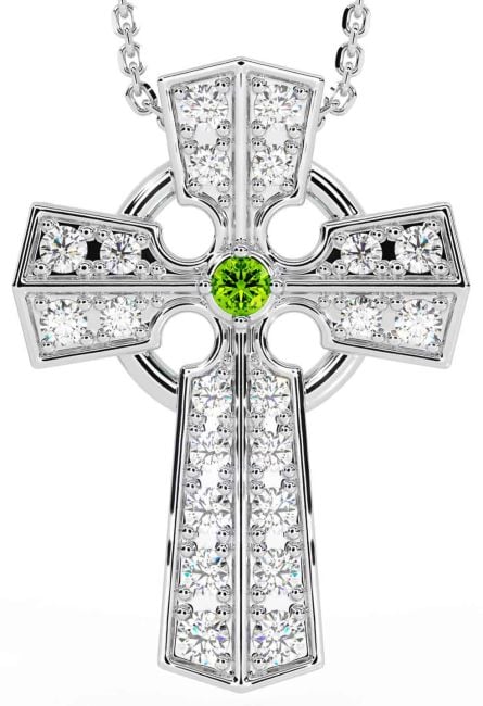 Diamond Peridot White Gold Celtic Cross Necklace