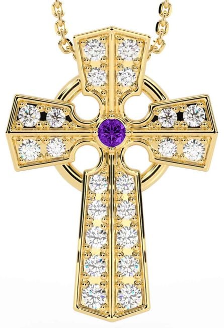 Diamond Amethyst Gold Celtic Cross Necklace