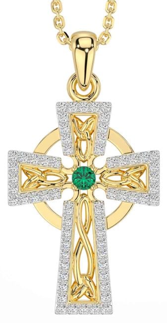 Diamond Emerald Gold Silver Celtic Cross Necklace