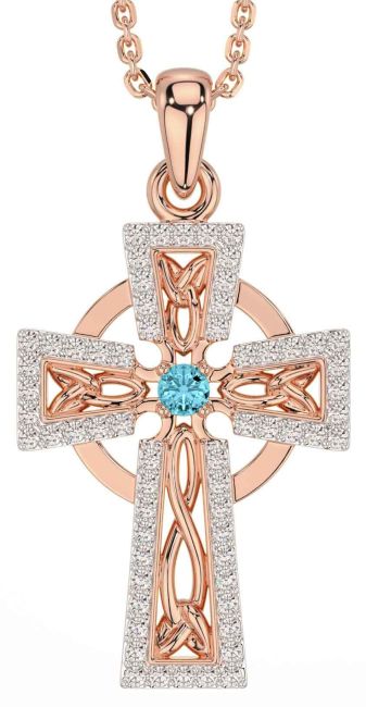 Diamond Aquamarine Rose Gold Celtic Cross Necklace