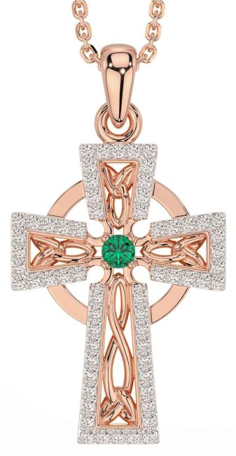 Diamond Emerald Rose Gold Celtic Cross Necklace