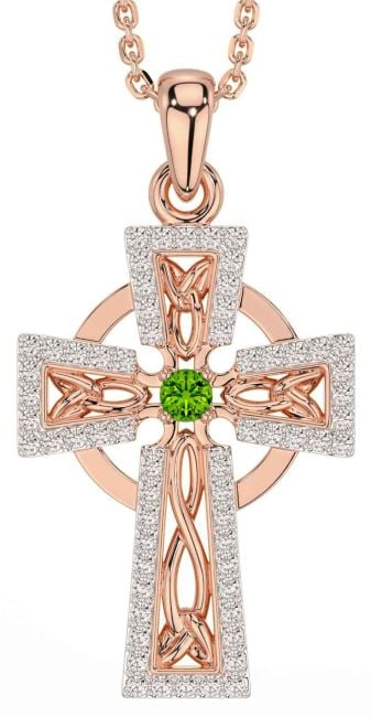 Diamond Peridot Rose Gold Celtic Cross Necklace