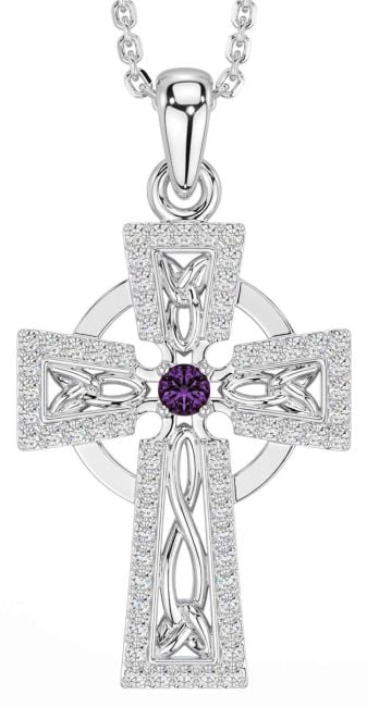 Diamond Alexandrite Silver Celtic Cross Necklace