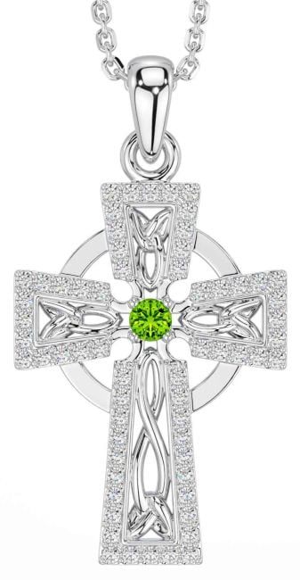 Diamond Peridot Silver Celtic Cross Necklace