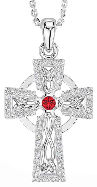 Diamond Ruby Silver Celtic Cross Necklace