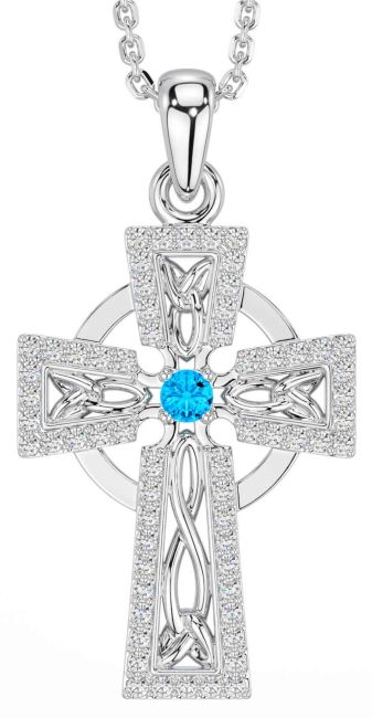 Diamond Aquamarine White Gold Celtic Cross Necklace