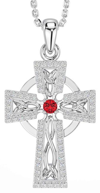 Diamond Ruby White Gold Celtic Cross Necklace