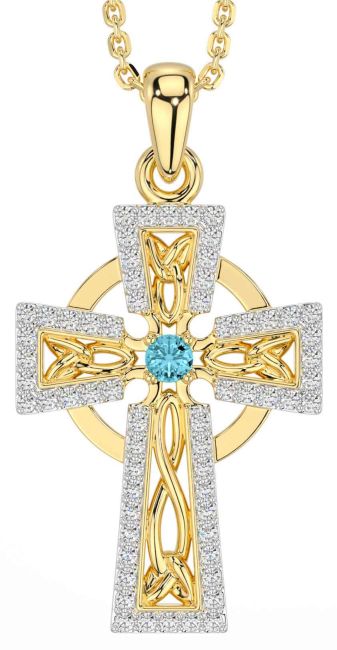 Diamond Aquamarine Gold Celtic Cross Necklace