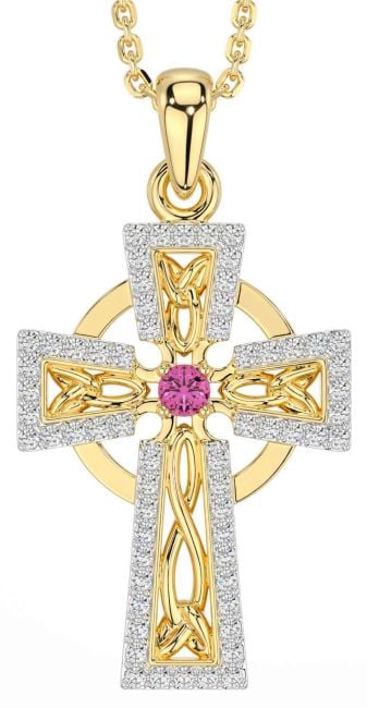 Diamond Pink Tourmaline Gold Celtic Cross Necklace