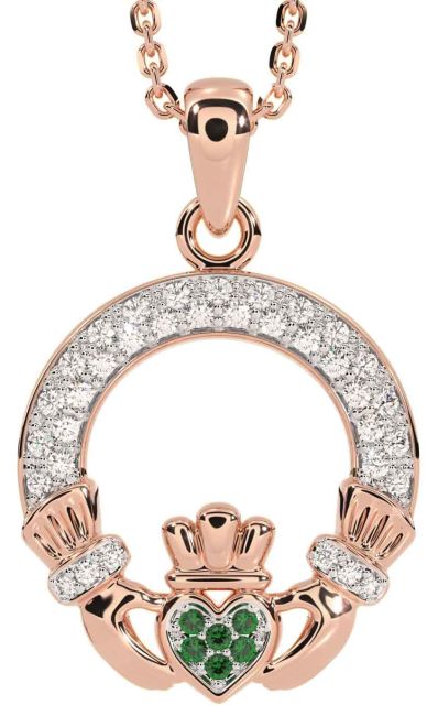 Diamond Emerald Rose Gold Silver Claddagh Necklace