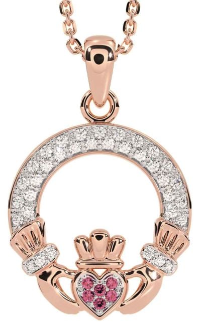 Diamond Pink Tourmaline Rose Gold Silver Claddagh Necklace