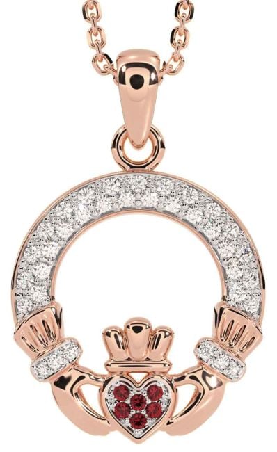 Diamond Ruby Rose Gold Claddagh Necklace