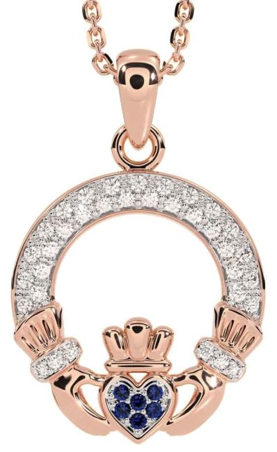 Diamond Sapphire Rose Gold Claddagh Necklace