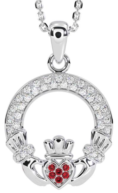 Diamond Ruby Silver Claddagh Necklace