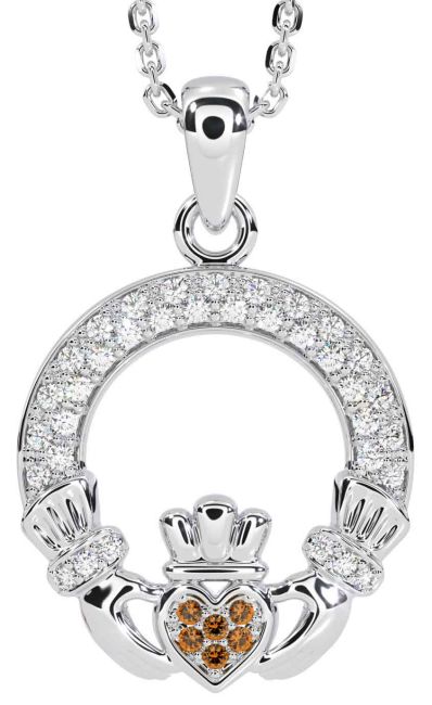 Diamond Citrine White Gold Claddagh Necklace