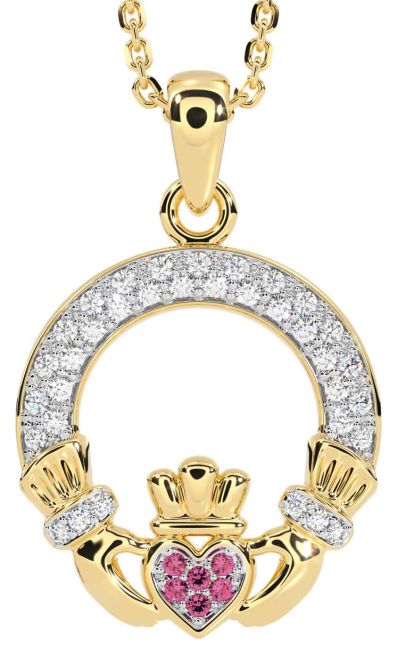 Diamond Pink Tourmaline Gold Claddagh Necklace