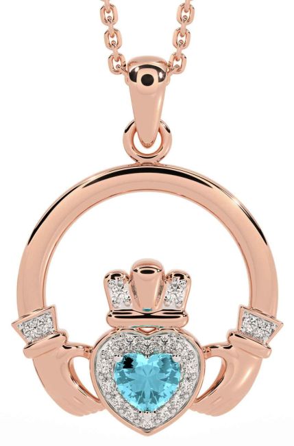 Diamond Aquamarine Rose Gold Silver Claddagh Necklace