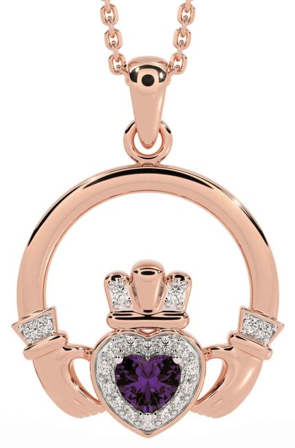 Diamond Alexandrite Rose Gold Silver Claddagh Necklace