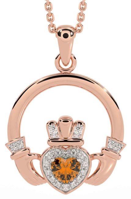 Diamond Citrine Rose Gold Silver Claddagh Necklace