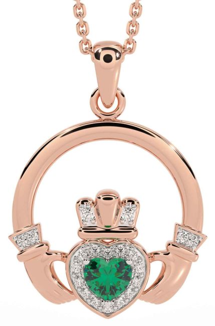 Diamond Emerald Rose Gold Silver Claddagh Necklace