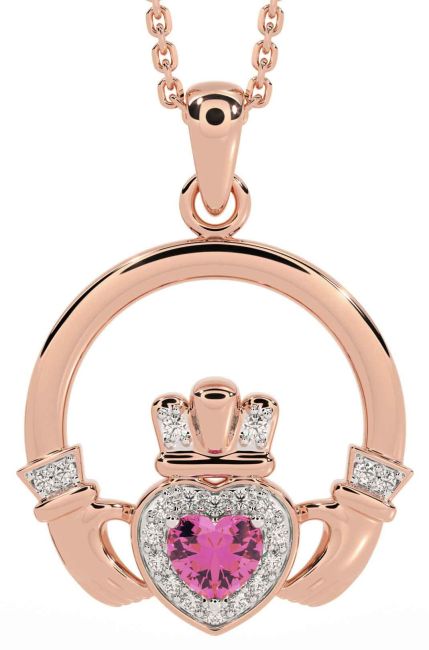 Diamond Pink Tourmaline Rose Gold Silver Claddagh Necklace
