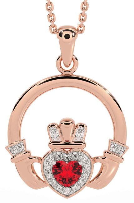 Diamond Ruby Rose Gold Silver Claddagh Necklace