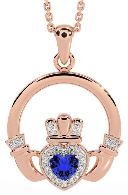 Diamond Sapphire Rose Gold Silver Claddagh Necklace