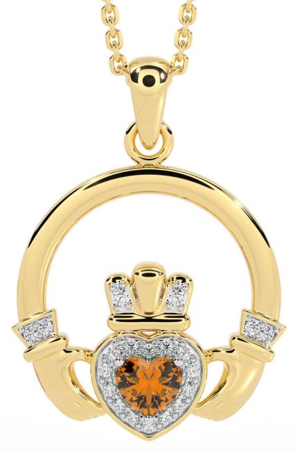 Diamond Citrine Gold Silver Claddagh Necklace