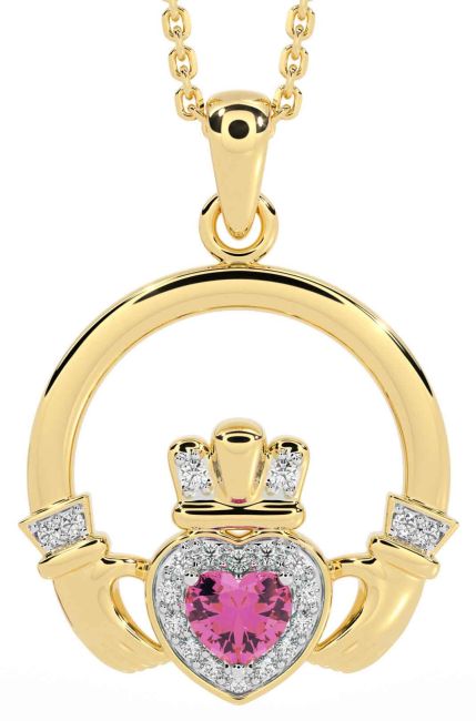 Diamond Pink Tourmaline Gold Silver Claddagh Necklace
