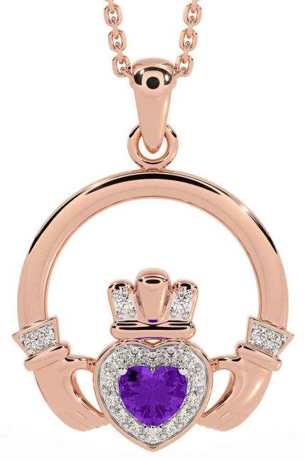 Diamond Amethyst Rose Gold Claddagh Necklace