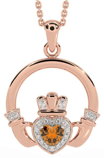 Diamond Citrine Rose Gold Claddagh Necklace