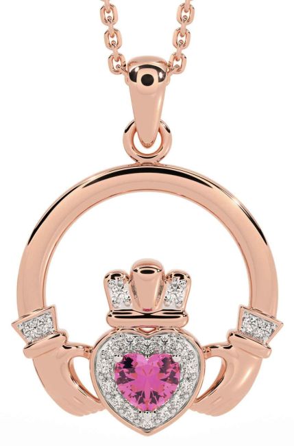 Diamond Pink Tourmaline Rose Gold Claddagh Necklace