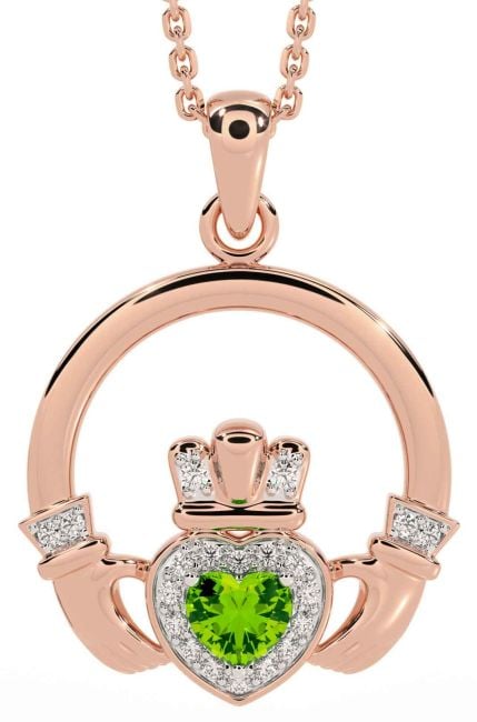 Diamond Peridot Rose Gold Claddagh Necklace