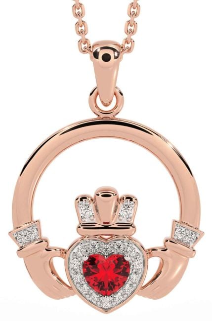 Diamond Ruby Rose Gold Claddagh Necklace