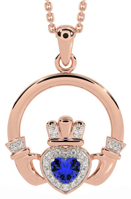 Diamond Sapphire Rose Gold Claddagh Necklace