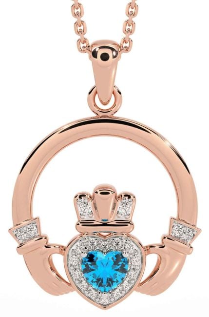 Diamond Topaz Rose Gold Claddagh Necklace