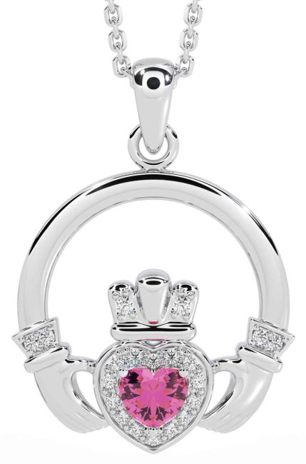 Diamond Pink Tourmaline Silver Claddagh Necklace