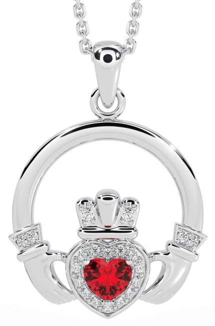 Diamond Ruby Silver Claddagh Necklace