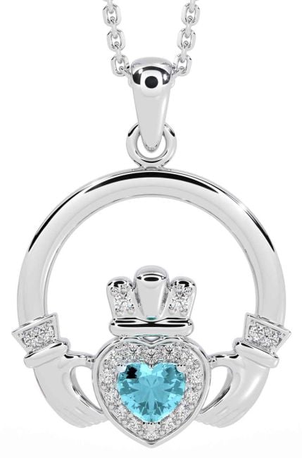 Diamond Aquamarine White Gold Claddagh Necklace