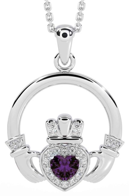 Diamond Alexandrite White Gold Claddagh Necklace