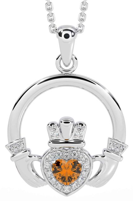 Diamond Citrine White Gold Claddagh Necklace