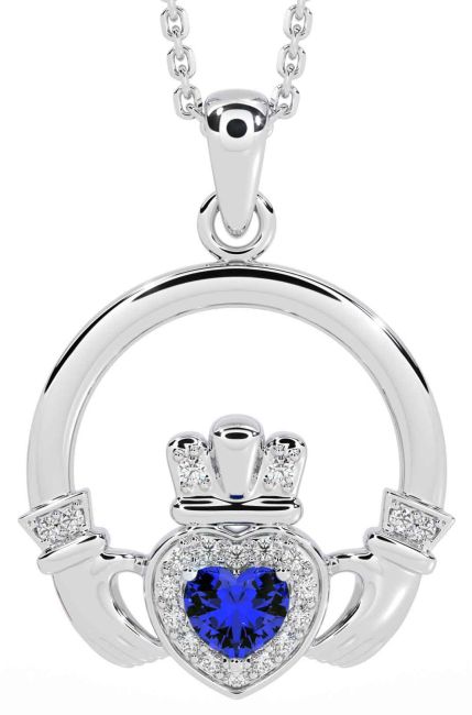 Diamond Sapphire White Gold Claddagh Necklace