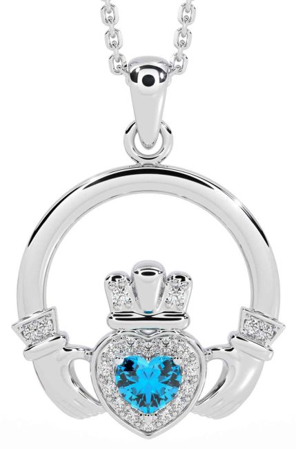 Diamond Topaz White Gold Claddagh Necklace
