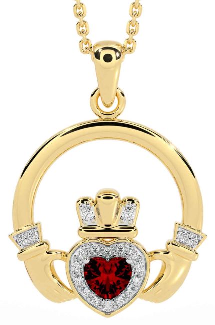 Diamond Garnet Gold Claddagh Necklace